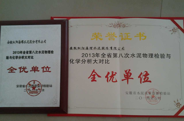 枞阳海螺获省第八次水泥物理检验与化学分析大对比“全优单位”荣誉称号